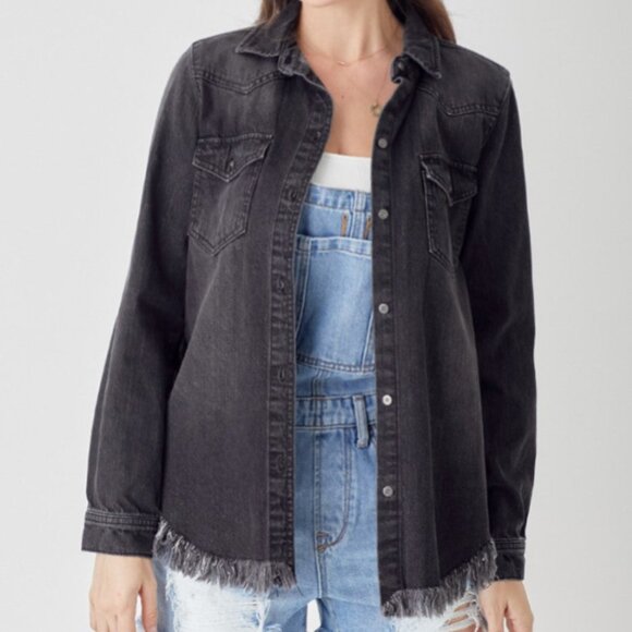 Frayed Hem Denim Shirt - Picture 1 of 3